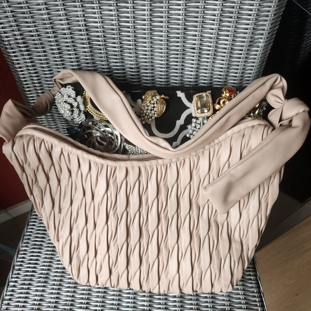 SONDRA ROBERTS ~ Pleated Faux Leather Tote Satchel Shoulder Bag ~ BLUSH